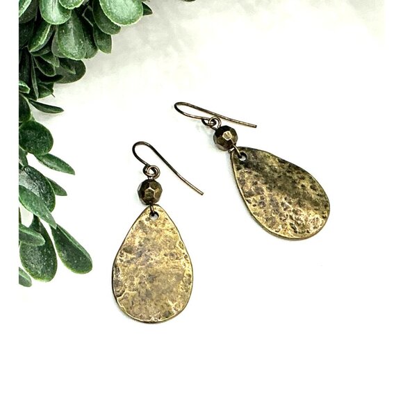 Brass Tone Tear Drop Shape Earrings With Hammered Finish - Picture 2 of 5